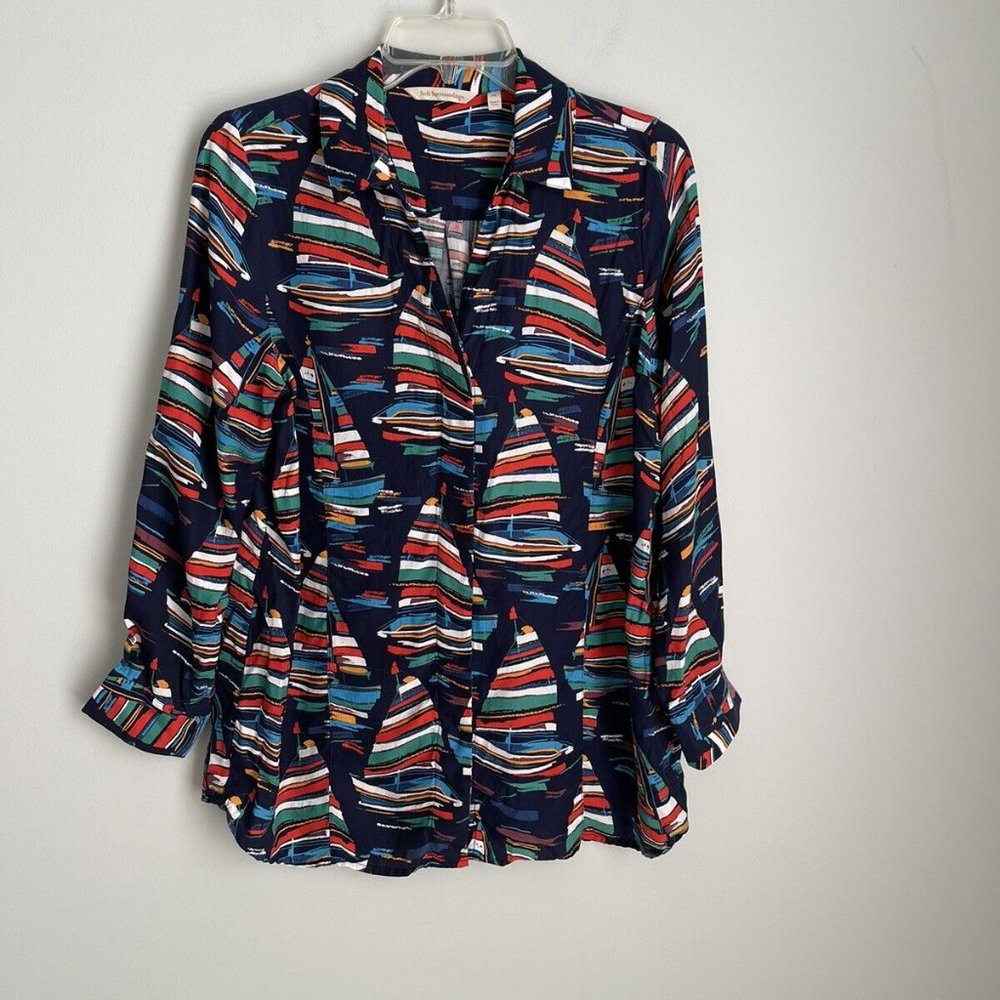 Soft Surroundings Blue Sail Away Sailboat Print Top Nautical